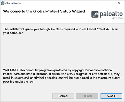 GlobalProtect installation wizard window