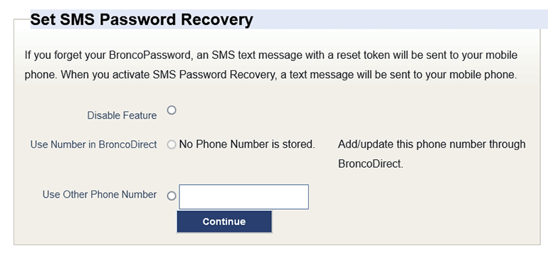 SMS password reset screen
