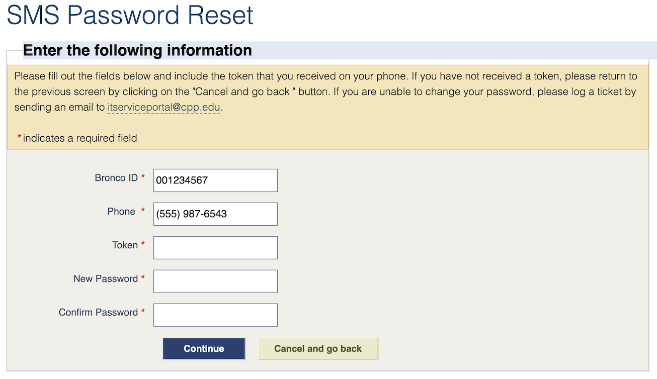 screenshot of sms reset webpage showing bronco id and phone number filled in