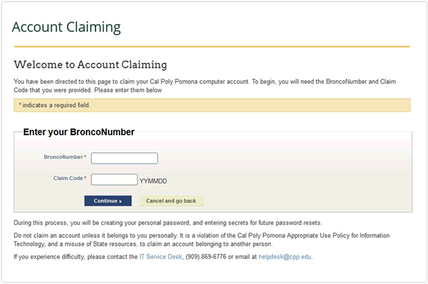 Account claiming - enter your BroncoNumber