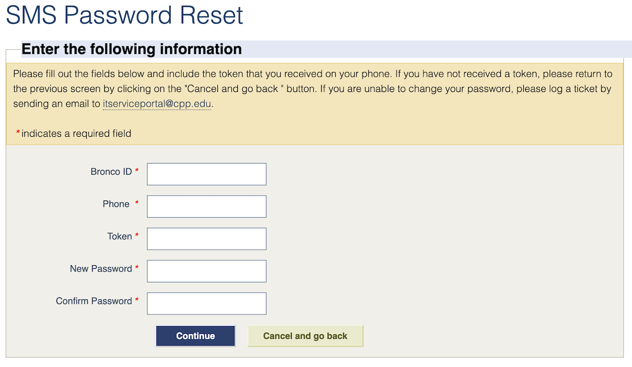 Fill out form to change your password
