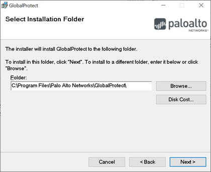 GlobalProtect installation wizard download location window